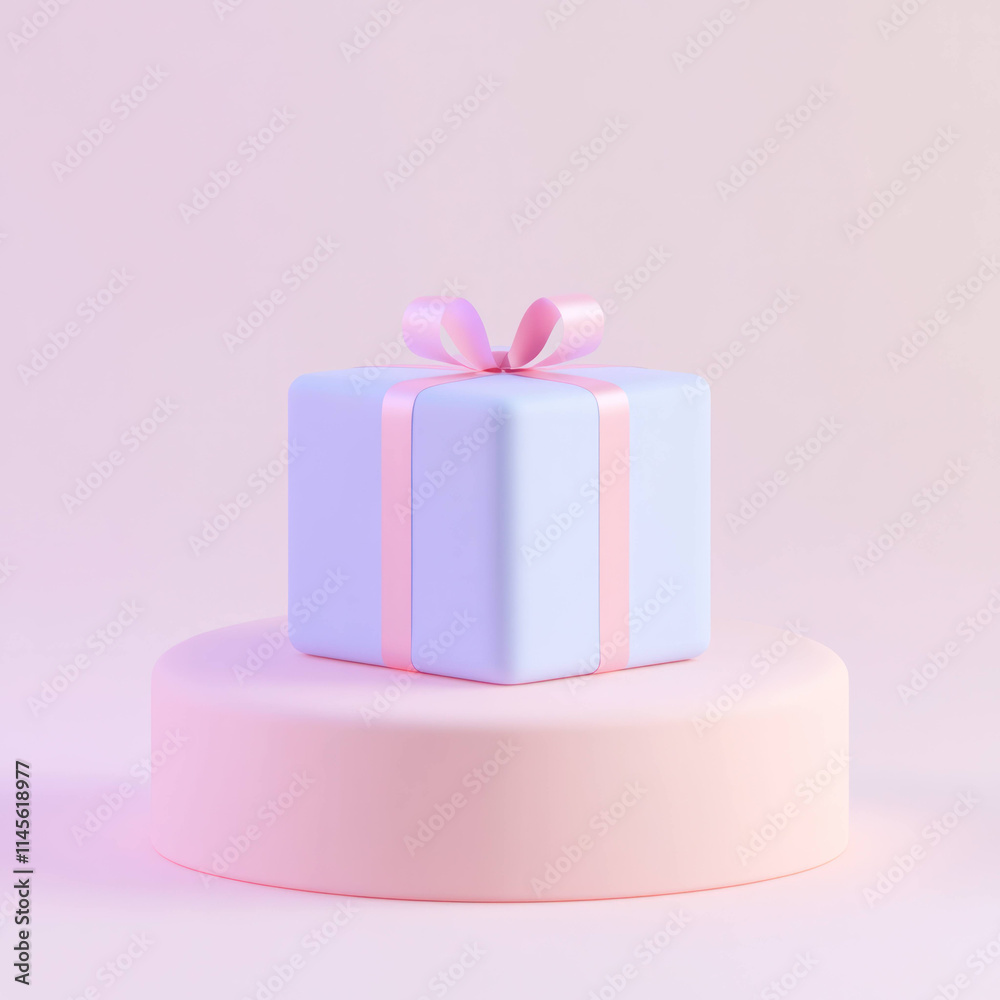 Poster gift box with pink ribbon sits on pastel platform against soft background, creating serene and minim