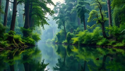 Obraz premium Serene Forest River Reflecting Lush Greenery