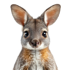 Front view close up of an extremely perfect looking single wallaby isolated on a white transparent background