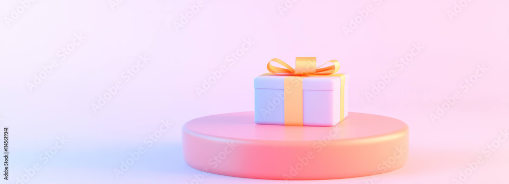 Aufkleber gift box positioned on platform with soft gradient background, featuring minimalist design and clean