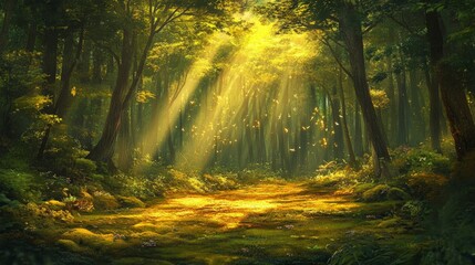 Naklejka premium Serene Forest Clearing with Golden Light Streaming Through Trees