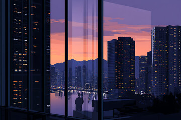 A high-rise office building at dusk