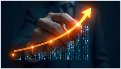 Development and growth concept. Businessman plan growth and increase of positive indicators in his business.