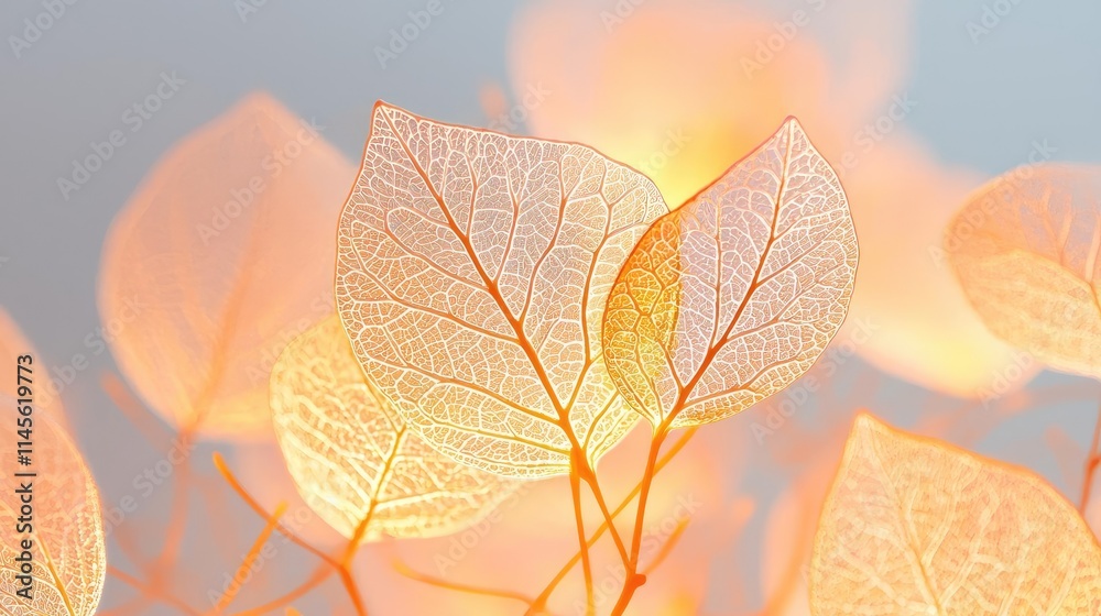 Poster micro foliage idea. delicate leaves illuminated softly, creating a serene and enchanting atmosphere.