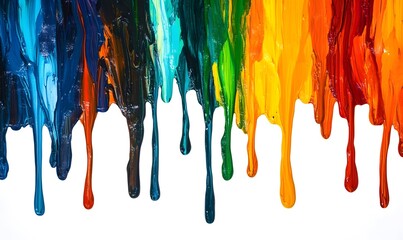 Vibrant colorful paint dripping on white background.