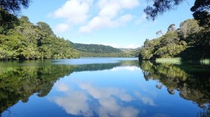 Obraz premium Serene Lake with Clear Blue Water and Reflections of Clouds