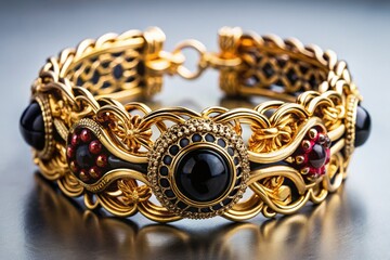 Opulent black and gold bracelet: classic ornate design. Luxury jewelry.
