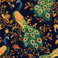 Seamless pattern of asian inspired peacocks vibrant floral design japanese and chinese influence textile art rich dark background