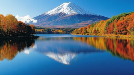 Fototapeta premium Serene Lake Surrounded by Vibrant Autumn Colors and Majestic Mountain