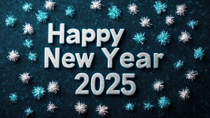 Naklejka premium Happy New Year 2025 greeting on dark textured background with snowflakes.