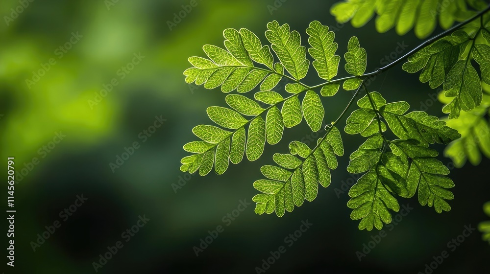 Poster micro foliage idea. close-up of vibrant green leaves with intricate details and soft lighting.