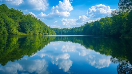 Serene Lake Surrounded by Lush Green Forest Under Blue Sky