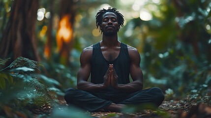 A Black man meditates in a lush forest, finding peace and mindfulness amidst nature, connecting with his spirituality and inner balance.