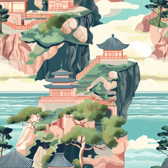 Seamless pattern of asian architecture japanese and chinese influence scenic landscape nature background artistic design concept