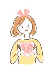 ハートを持っている若い女性の手描きイラスト