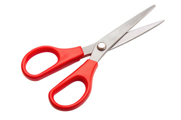 Modern scissors with red handles and shiny metal blades, ideal for cutting paper, fabric, or other materials.