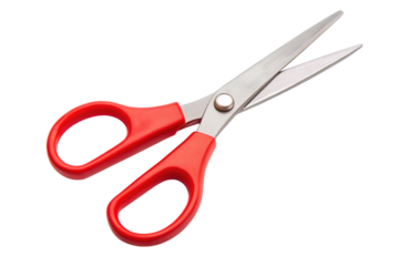 Modern scissors with red handles and shiny metal blades, ideal for cutting paper, fabric, or other materials.