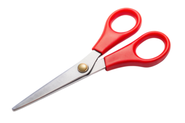 Sharp-edged scissors with ergonomic red handles, perfect for crafting, office, or general household use.