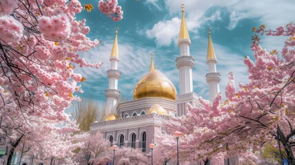 Cherry blossoms and mosque in the city