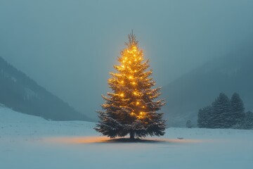 Christmas Tree with Snowy Blurred Background.