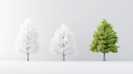 Fototapeta premium Three minimalist trees stand in a row against a white background, featuring two white winter trees and one vibrant green summer tree symbolizing change or standing out.