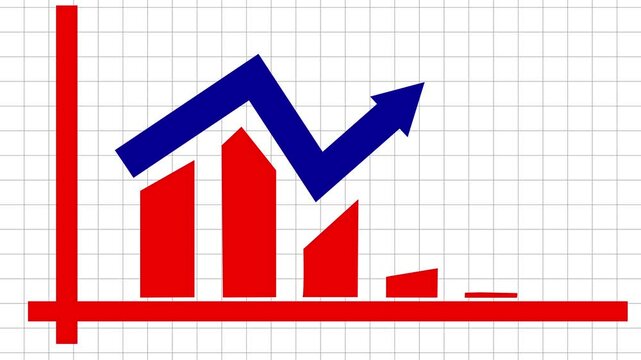 A business graph up to a down blue arrow with an animated red bar. Animation of a blue bar chart graph on a white background with a grid. Video footage
