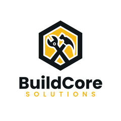 Hammer and Wrench in Hexagon in Black and Yellow Logo Design