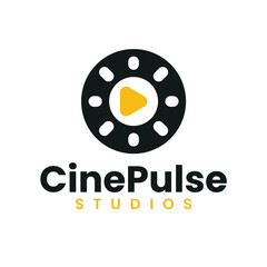 Film Reel with Play Button in Black and Yellow Logo Design