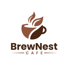 Coffee Cup with Steam Leaf Pattern in Brown and Beige Logo Design