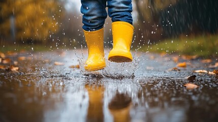 Feet of child in yellow rubber boots jumping over a puddle in the rain
