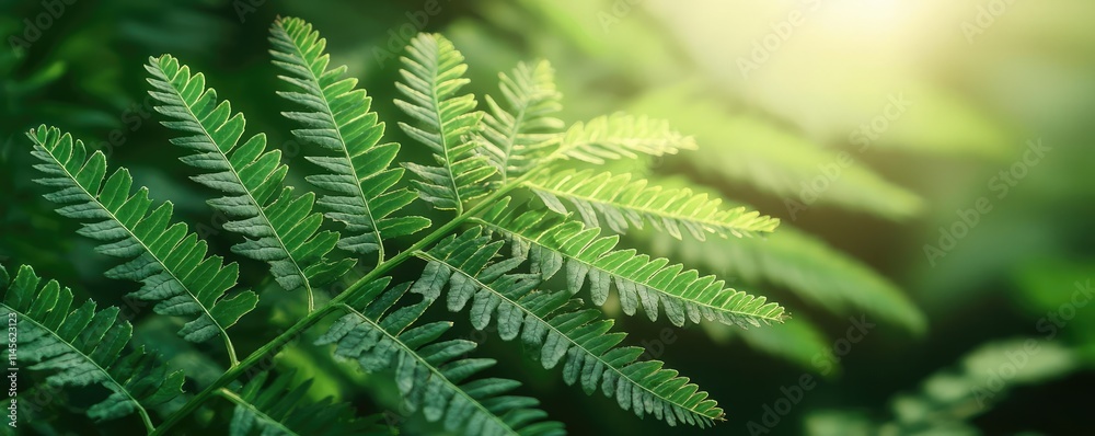 Poster micro foliage idea. a close-up view of vibrant green ferns illuminated by soft sunlight.