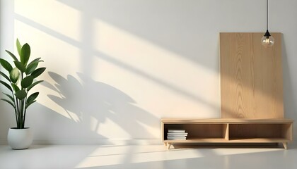 Fototapeta premium A minimalist wooden bench with shelves, a potted plant, and a hanging light fixture in a bright, airy room with a white wall and natural lighting