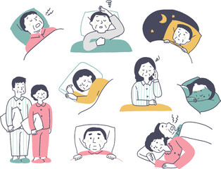 シニア男女の睡眠に関するイラストセット