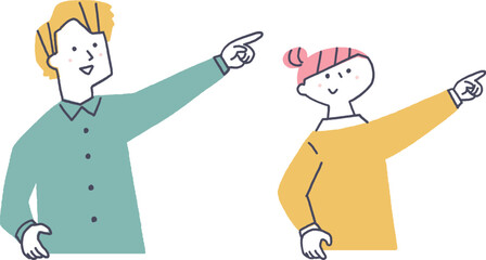 腕を上げて指差す若い男女