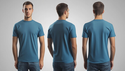 Obraz premium Front and back view of blue t-shirt mockup on a man isolated on gray background.