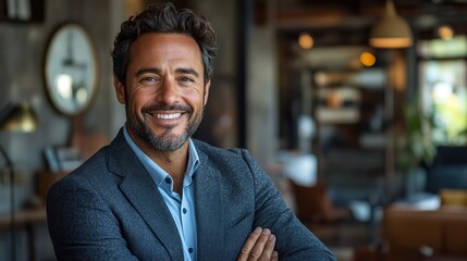 Fototapeta premium A businessman smiles confidently in a studio with his arms crossed, representing a professional with pride in his job and a positive attitude towards his corporate company or career.