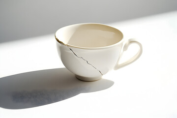 Fototapeta premium A white cup with a crack in it sits on a white table. The cup is broken, and the crack runs down the side. The scene is quiet and peaceful, with the sun shining on the cup and the table