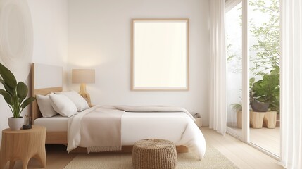 Fototapeta premium Mock up frame in children room with natural wooden furniture, 3D render