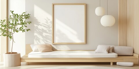Mock up frame in children room with natural wooden furniture, 3D render