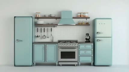 Mint green retro kitchen with appliances, cabinets, and shelves.