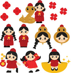cute Chinese kids, Chinese New Year clip art, traditional Chinese outfit, gold snake illustration, festive red clothing, Chinese girl character, lucky red envelope, Chinese zodiac snake