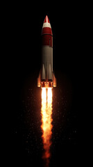 Naklejka premium Rocket launching into space, billowing smoke and flames, against deep blue sky. Bright, fiery trail follows as it ascends gracefully towards the stars.