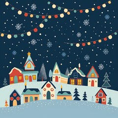 Flat design artwork of a festive winter village with small houses adorned with Christmas lights, under a starlit sky. 8k UHD, suitable for high-quality printing or digital display. 