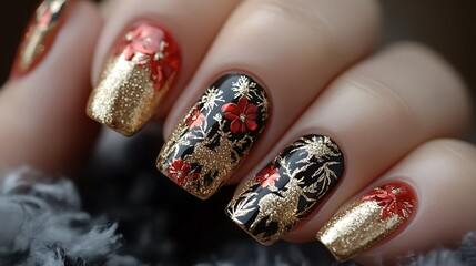 Gold white holiday reindeer nail art high resolution hd picture