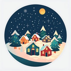 Fototapeta premium Flat design artwork of a festive winter village with small houses adorned with Christmas lights, under a starlit sky. 8k UHD, suitable for high-quality printing or digital display. 