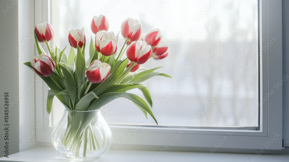 Aufkleber a cluster of red and white tulips in a clear vase on a windowsill, side view shot, minimalist style