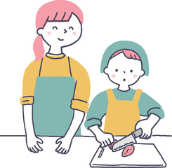 料理をする子供とお母さん