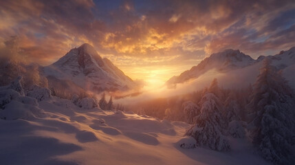 snow covered mountain landscape with shining sun