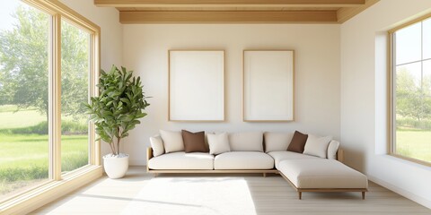 Mockup frame in farmhouse living room interior, 3d render