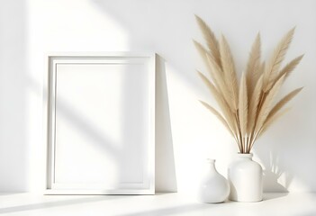 A white frame on a white wall with a vase of dried pampas grass, minimal and elegant decor